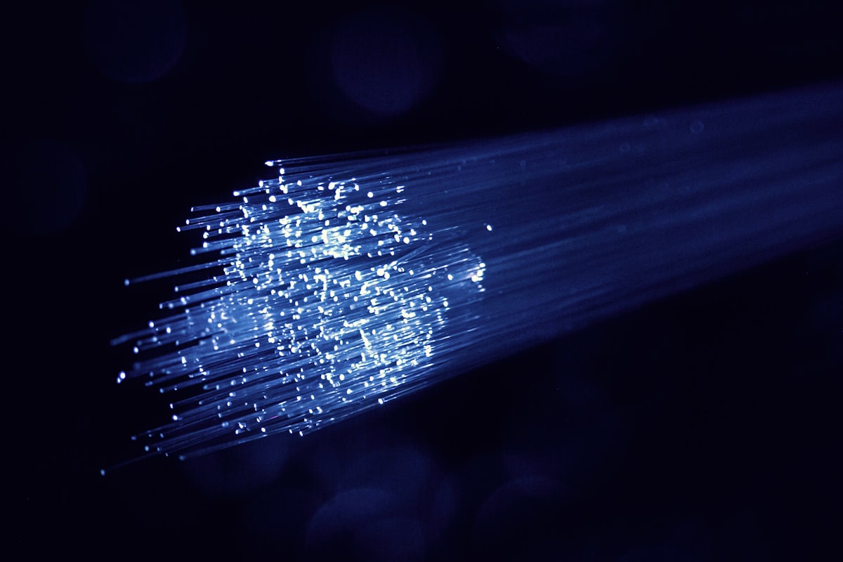 Hebras de fibra óptica iluminadas transmitiendo luz azul